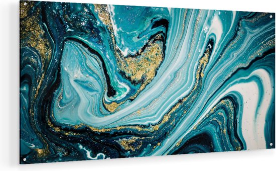 Artaza Glasschilderij - Abstracte Luxe Kunst in het Blauw met Goud - Plexiglas Schilderij - Foto op Glas