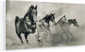 Artaza Glasschilderij - Vier Paarden Naast Elkaar - Zwart Wit - 90x45 - Plexiglas Schilderij - Foto op Glas