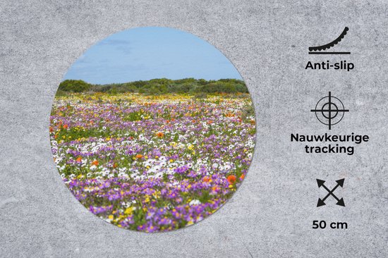 Muismat - Mousepad - Rond - Bloemenweide - Paars - Bloemen - 50x50 cm - Ronde muismat
