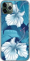 Geschikt voor iPhone 11 Pro Max hoesje - Tropisch - Bloemen - Blauw - Siliconen Telefoonhoesje