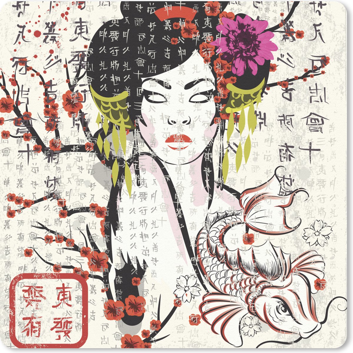 Muismat 30x30 cm - Mousepad Japanse illustratie traditionele vrouw - Muismatten
