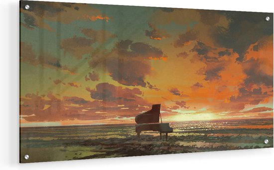 Artaza Glasschilderij - Piano op het Strand bij Zonsondergang - 60x30 - Klein - Plexiglas Schilderij - Foto op Glas