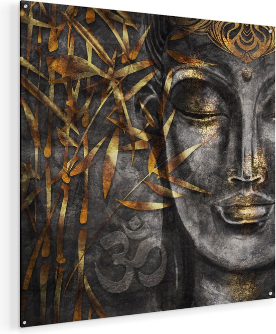 Artaza Glasschilderij - Gouden Boeddha Van Aquarel - Abstract - 80x80 - Groot - Plexiglas Schilderij - Foto op Glas