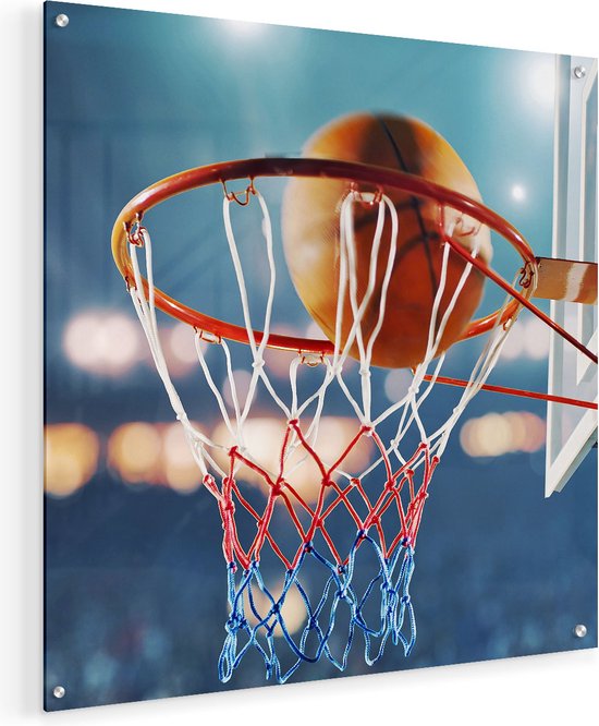 Artaza Glasschilderij - Basketbal in Ring - Hoepel - Bord - 50x50 - Plexiglas Schilderij - Foto op Glas