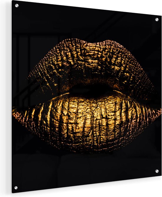 Artaza Glasschilderij - Gouden Lippen - 50x50 - Plexiglas Schilderij - Foto op Glas
