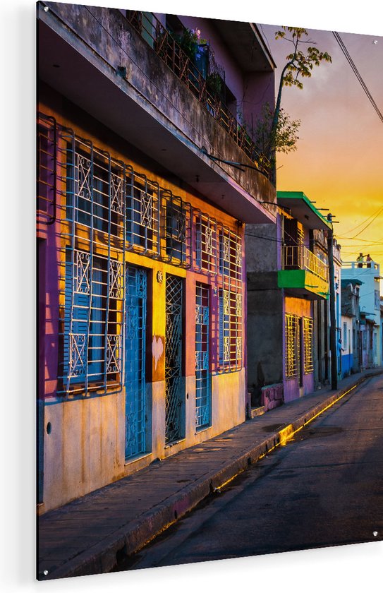 Artaza Glasschilderij - Cuba Kleurrijke Huisjes bij Zonsondergang - 90x120 - Groot - Plexiglas Schilderij - Foto op Glas