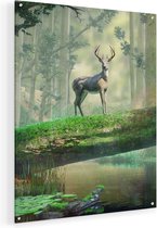 Artaza Glasschilderij - Hert In Het Bos Op Een Boom - 60x75 - Plexiglas Schilderij - Foto op Glas