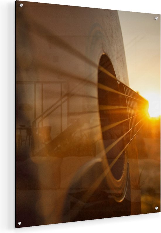 Artaza Glasschilderij - Gitaar Spelen Tijdens Zonsondergang - 60x75 - Plexiglas Schilderij - Foto op Glas
