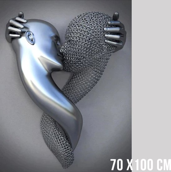 Allernieuwste Canvas Metal Liefde Omhelzing XL - Moderne Metal Look - Zilver - 70 x 100 cm
