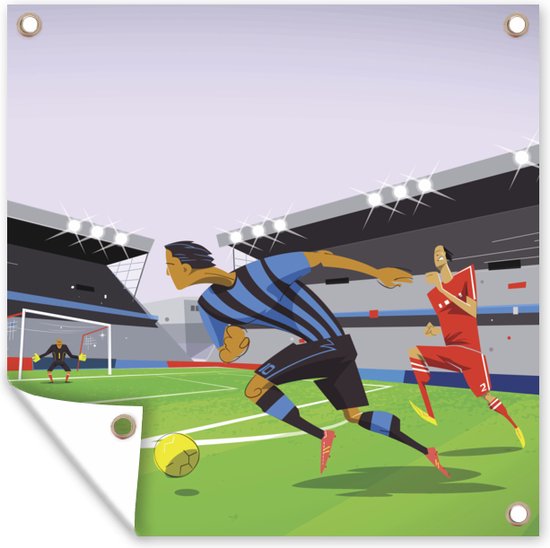 Tuin poster Een illustratie van spelers die voetballen in een stadion - Jongetje - Meisjes - Kinderen - 200x200 cm - Tuindoek - Buitenposter