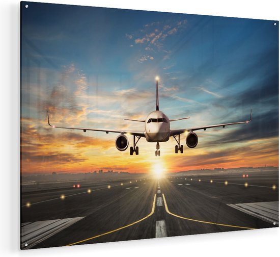 Artaza Glasschilderij - Vliegtuig Met Een Landing Op De Luchthaven - 100x75 - Groot - Plexiglas Schilderij - Foto op Glas