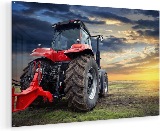 Artaza Glasschilderij - Rode Tractor bij Zonsondergang - Trekker - 135x90 - Groot - Plexiglas Schilderij - Foto op Glas