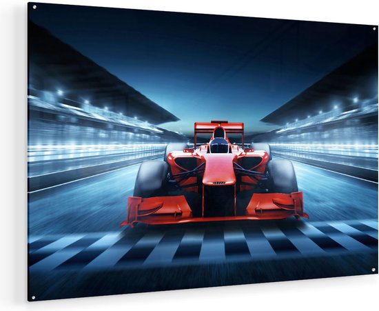 Artaza Glasschilderij - Formule 1 Auto bij de Finish - Rood - 120x80 - Groot - Plexiglas Schilderij - Foto op Glas