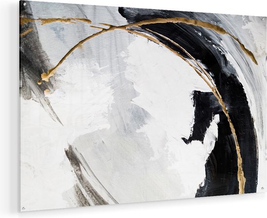 Artaza Glasschilderij - Abstracte Kunst - Wit met Zwart en Goud - 105x70 - Plexiglas Schilderij - Foto op Glas