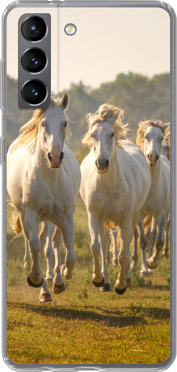 Telefoonhoesje Geschikt voor Samsung Galaxy S21 hoesje - Galopperende witte paarden - Siliconen Telefoonhoesje Telefoonhoesje
