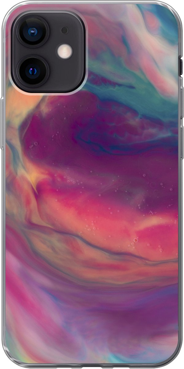 Telefoonhoesje Geschikt voor iPhone 12 hoesje - Vloeistof - Roze - Turquoise - Abstract - Siliconen Telefoonhoesje Telefoonhoesje