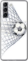 Geschikt voor Samsung Galaxy S21 hoesje - Een illustratie van een voetbal die het doel in gaat - Jongetjes - Meisjes - Kids - Siliconen Telefoonhoesje