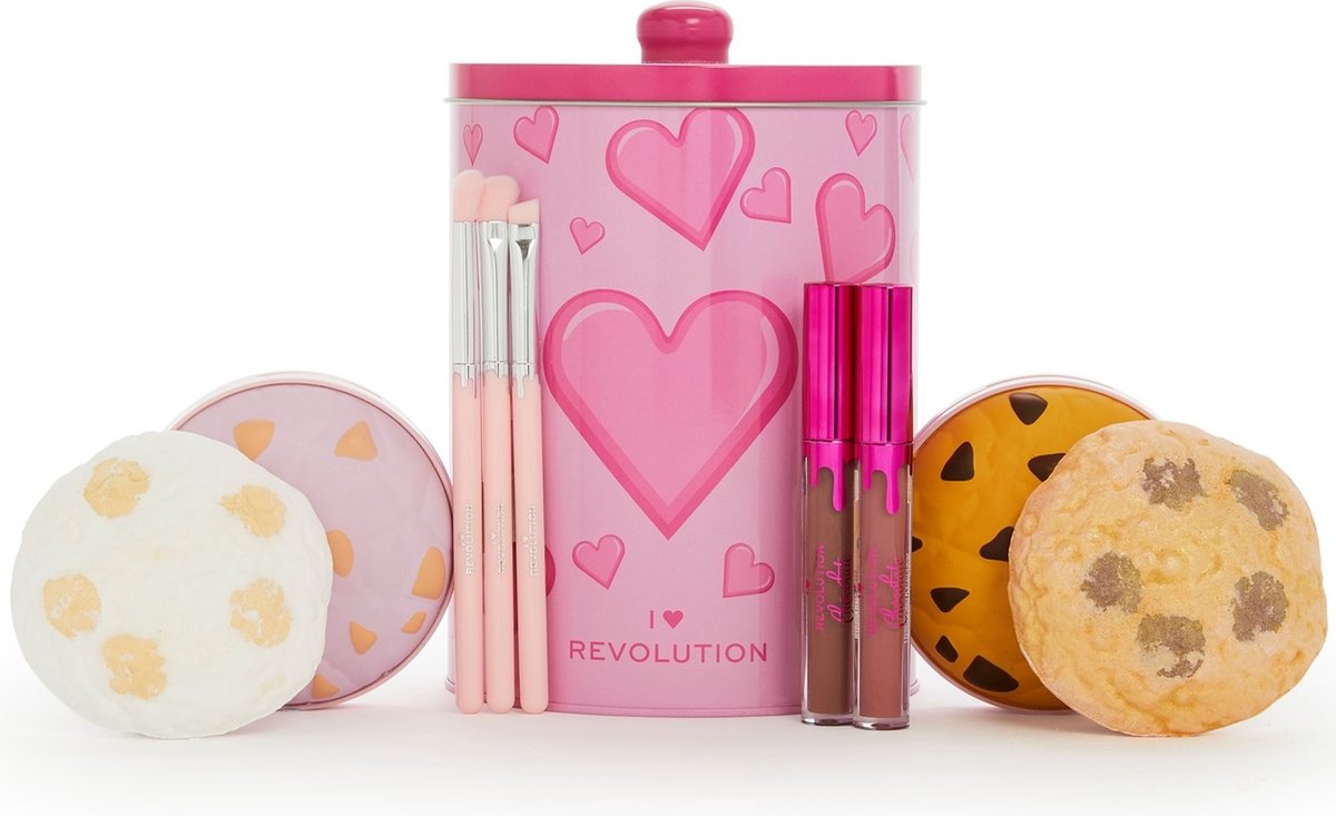 I Heart Revolution Cookie Tin Gift Set - Beauty & Bad Cadeau Set - Bath Fizzers, Eyeshadow Palette, Face Palette, Brush Set & Lipglosses
