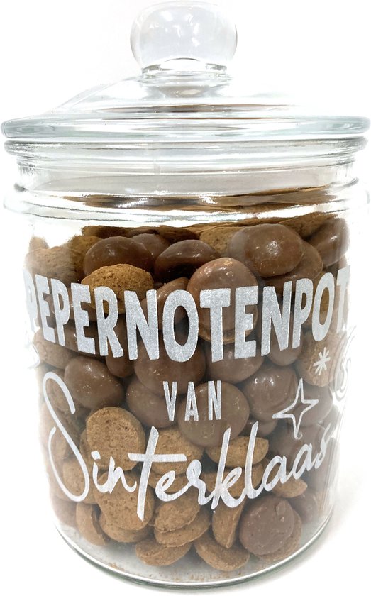 Foto: Snoeppot voorraadpot met tekst gravure pepernoten pot van sinterklaas zonder pepernoten de snoeppot voorraadpot is gemaakt van dik sterk glas het formaat is 21cm incl deksel 13 5cm doorsnede inhoud 2 liter 