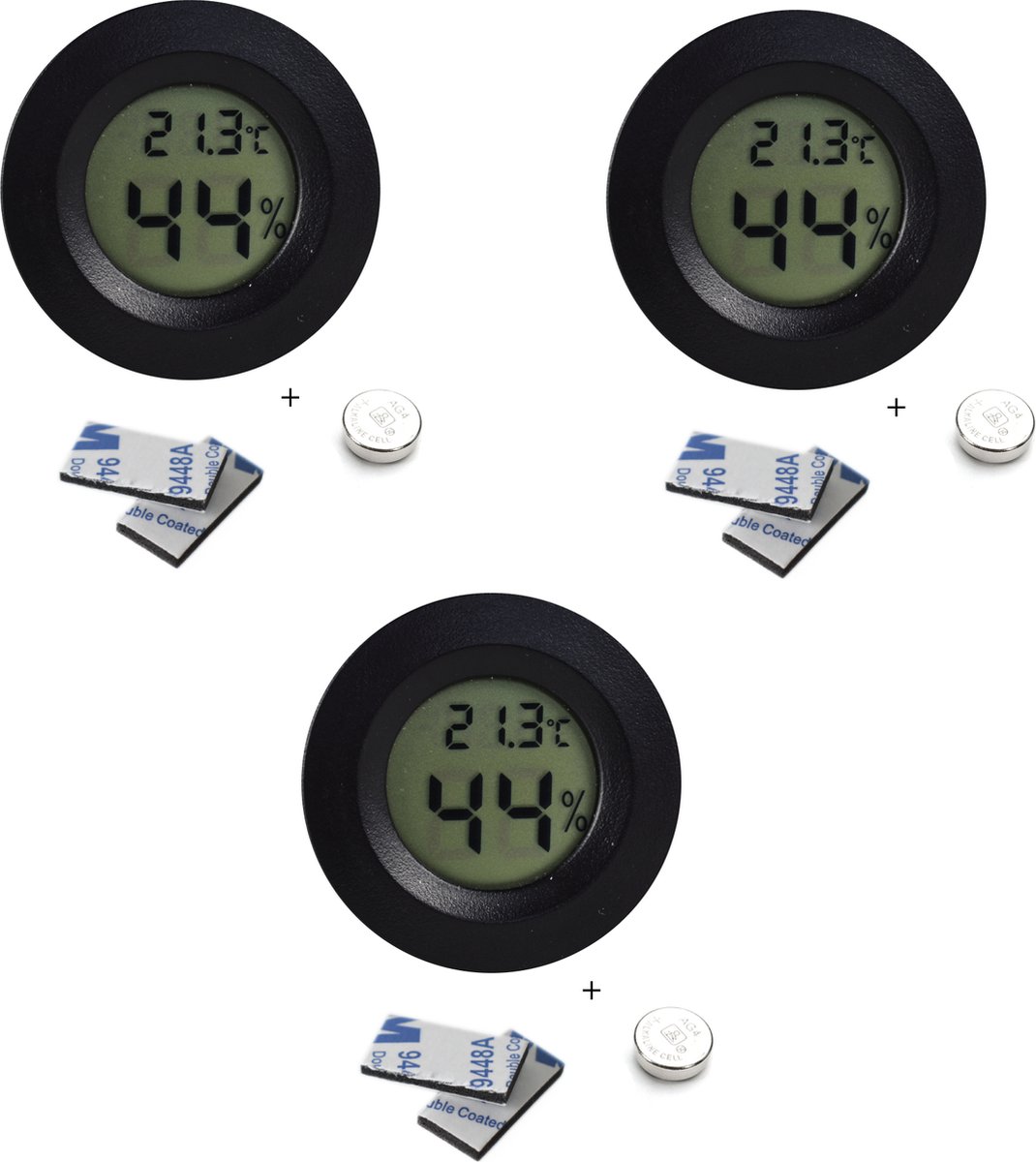 Tool Meister TM2 - Thermometer & Hygrometer - Luchtvochtigheidsmeter voor Binnen/Koelkast - Zwart 3 Stuks - Incl batterijen