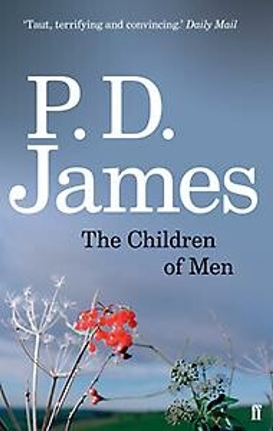 Boekomslag van P.D. James' 'The Children of Men' met een hemel op de achtergrond en rode en witte bloemen op de voorgrond.
