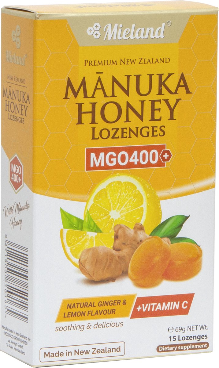 Mieland Manuka Honing Zuigtabletten/ keelpastilles MGO 400+ Gember & Citroen + Vitamine C