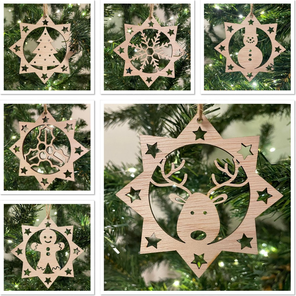 Houten Kersthanger Stervorm mix 12 stuks - Kerst - Kerstbal - Hout - Kerstboom - Houten Decoratie - Kerstmis - Kerstdecoratie - Kerst ornament – Versiering