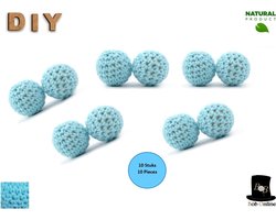 Bob Online ™ – Licht Blauw - Ronde Gehaakte DIY Houten Kralen 16mm met ca. 3-4mm gaatje - 10 Stuks -  Licht Blauw Gehaakte Kralen - Houten Kralen - Rijgkralen - Kralen Rijgen - Huisdecoraties enz. - 16mm Light Blue Crochet Beads - Gehaaktekralen