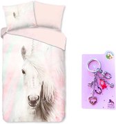 Dekbedovertrek White Unicorn- Eenhoorn dekbed- 1 persoons- 140x200- Katoen- Paarden slaapkamer, incl. metalen sleutelhanger set roze 5 delig