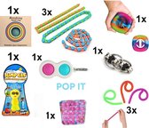 Fidget Toys Pakket - Set met 12 verschillende Fidget Toys:IJS POP IT, Wacky Tracks, Simple Dimple, Pop It Fidget, Flippy Chain, Monkey Noodles, Snapperz Rainbow