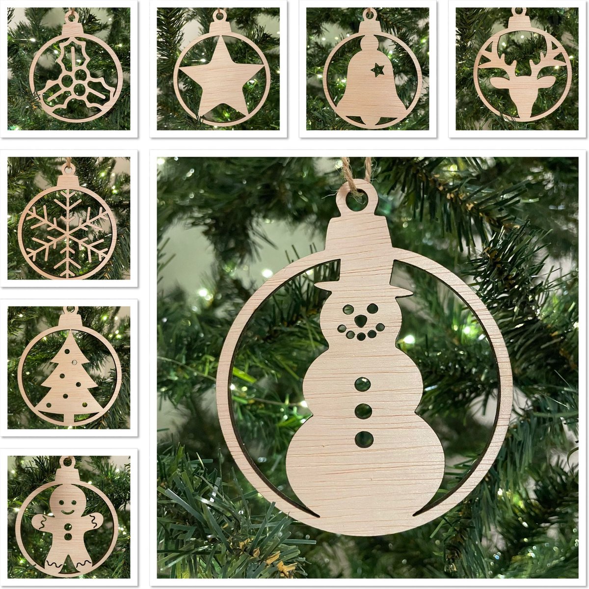 Houten Kersthanger Mix 8 stuks - Kerst - Kerstbal - Hout - Kerstboom - Houten Decoratie - Kerstmis - Kerstdecoratie - Kerst ornament – Versiering