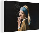 Canvas schilderij 150x100 cm - Wanddecoratie Meisje met de parel - Vermeer - Sigaretten - Muurdecoratie woonkamer - Slaapkamer decoratie - Kamer accessoires - Schilderijen