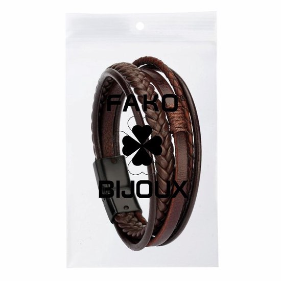 Fako Bijoux® - Armband Heren - Bruin 5 Snoeren - Mannen - 21 cm - Leer - Magnetische Sluiting - Bruin - Fako Bijoux®
