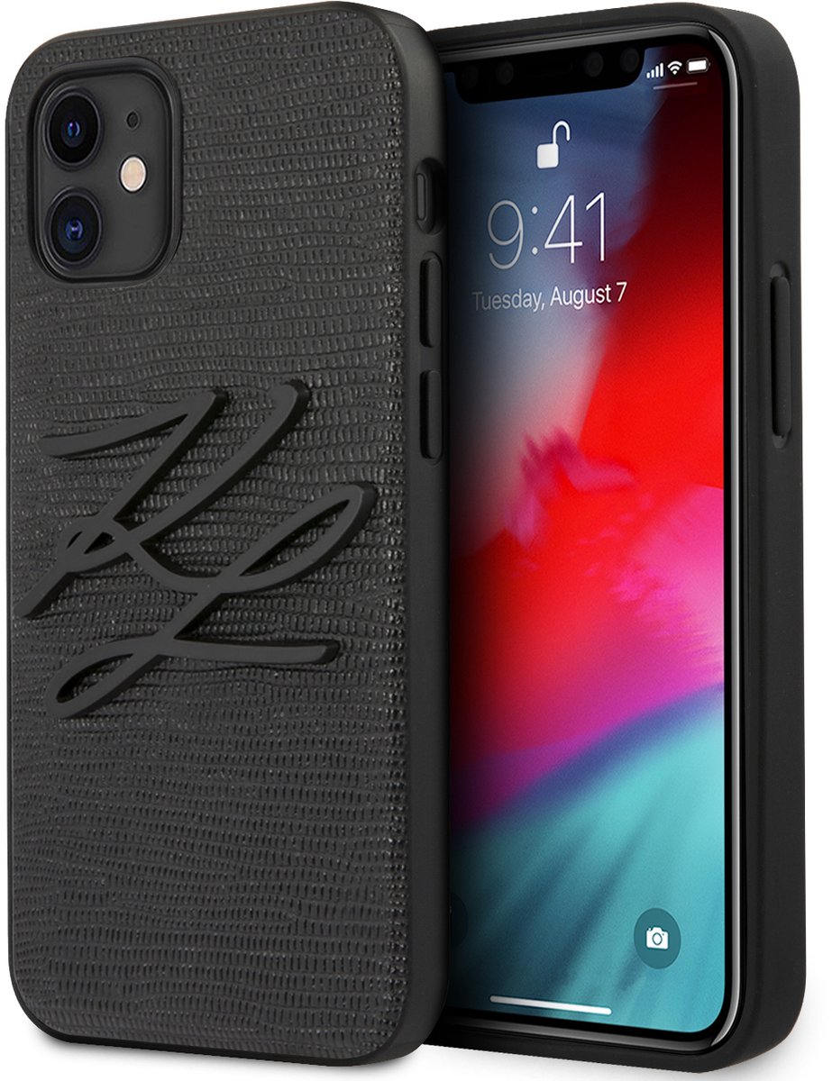 Zwart hoesje van Karl Lagerfeld - Backcover - iPhone 12 Mini - Lizard Signature