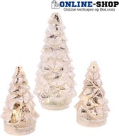 Online-Shop - 3 glazen kerst boompjes - kerst decoratie - Warm white - Kerst - Kerstboom - Glazen decoratie - Afmetingen: Kleine: 6 LED 2x 7 cm x 12 cm Groot: 15 LED 1X 9.5 x 21 cm