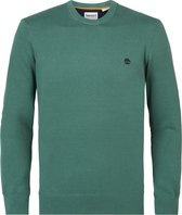 Timberland heren sweater met een ronde geribde kraag, boorden en manchetten. Gemaakt van 100% biologisch katoen. Voorzien van een geborduurd Timberland logo op de borst. Contrasterende bies a