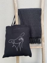 Katoenen tas zwart | Tassen dames | Shopper | Laptop tas | Abstract Gezicht Lady