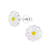 Joy|S - Zilveren Madelief bloem oorbellen - 8 mm - wit glitter met geel