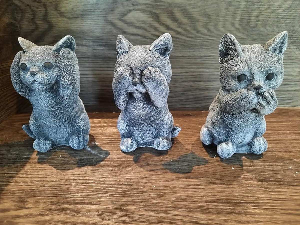 kat horen zien zwijgen decoratief beeld beton grijs 12cm hoog poes