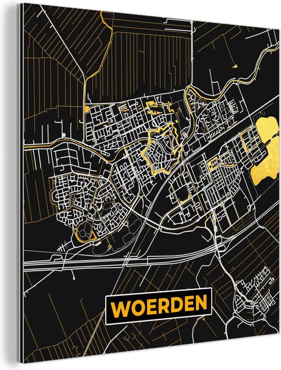 Décoration murale Métal - Peinture Aluminium Industrielle - Carte - Woerden - Or - Zwart - 20x20 cm - Dibond - Photo sur aluminium - Décoration murale industrielle - Pour le salon / chambre