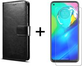 Motorola G9 Plus hoesje bookcase met pasjeshouder zwart wallet portemonnee book case cover - 1x Motorola G9 Plus screenprotector