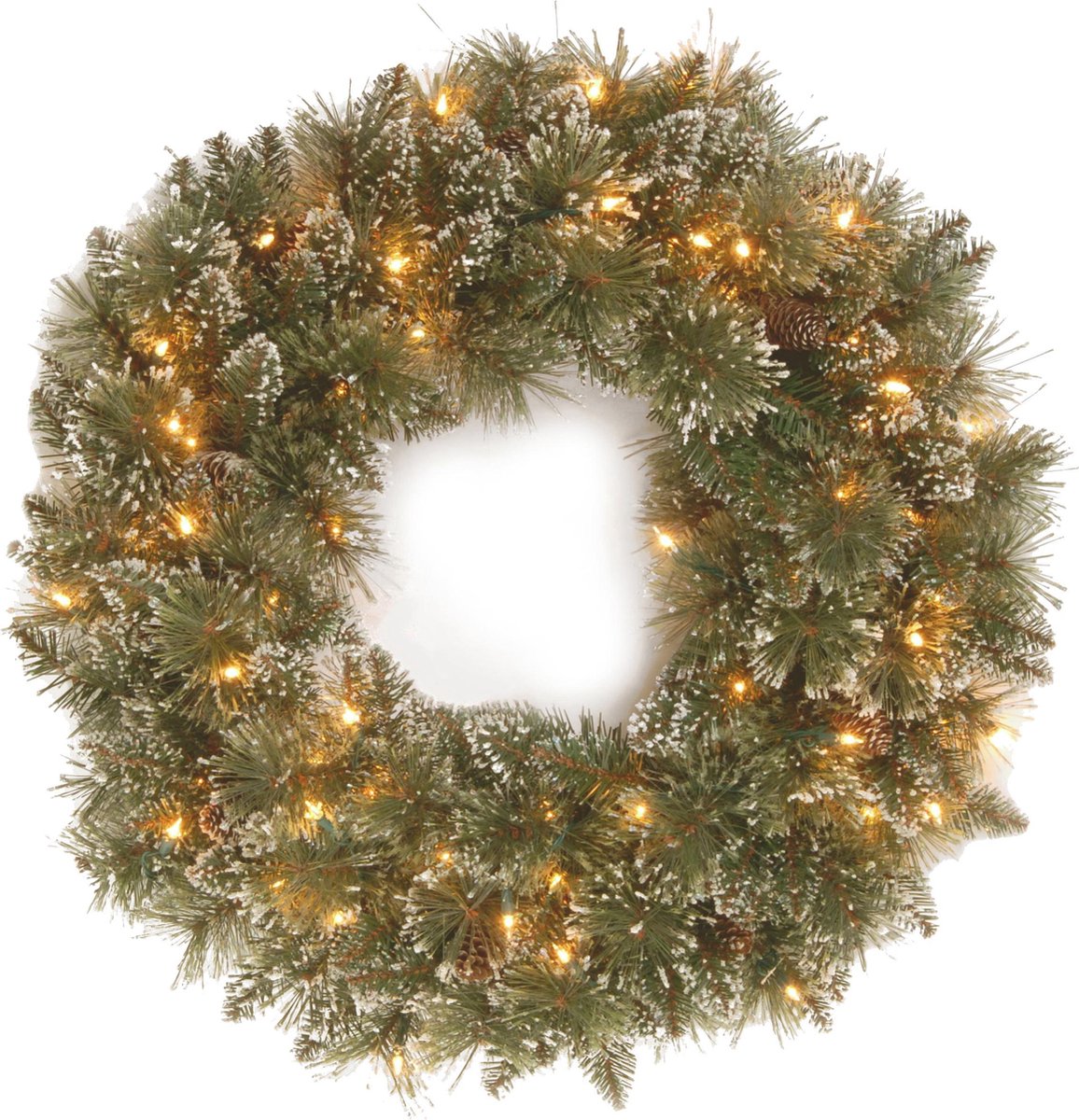 Verlichte kerstkrans "Glittery Bristle" - groen - Ø 61 cm - 50 warm witte ledlampjes - met sneeuw, dennenappels & glitter