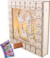 Adventskalender - Houten Adventskalender met Verlichting gevuld met 24 Mini Milka Naps mix - Kerst Verlichting - Kerst versiering - Kerst - Kerst Cadeau - Kerstballen - Kerstboom - Kerstman