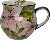 Mug- Bulbe mug- Farmer mug- Pink Lily - Fleurs - Bunzlau- Services de table- Fait main- Fait Handgemaakt- Peint à la main- Peint à la main- Céramique- Poterie- 350ml