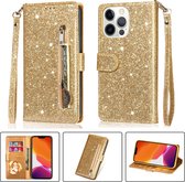 Glitter Bookcase voor Apple iPhone 13 Pro | Hoogwaardig PU Leren Hoesje | Lederen Wallet Case | Telefoonhoesje | Pasjeshouder | Goud