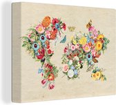 Wanddecoratie Wereldkaart - Vintage - Bloemen - Canvas - 160x120 cm