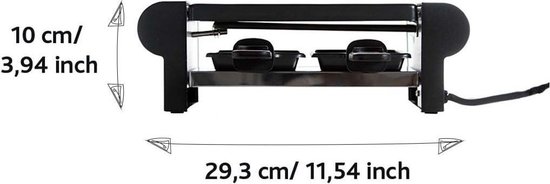 Zwarte raclette set met afmetingen 29,3 cm x 10 cm.