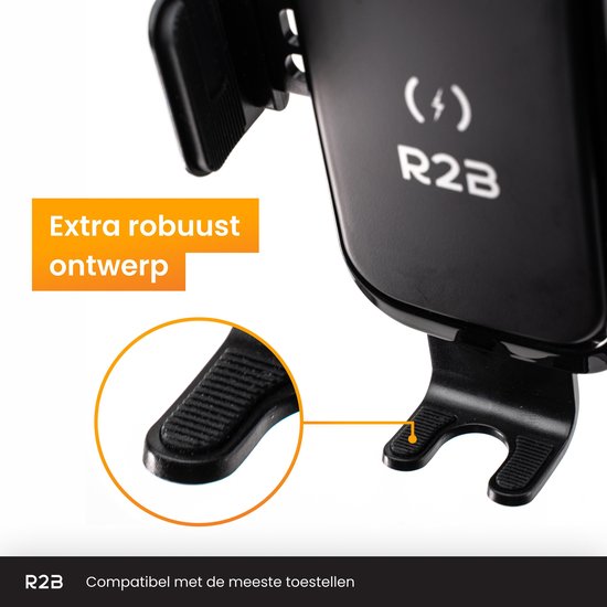 Detail van de extra robuuste klemmen van een zwarte R2B telefoonhouder. Tekst: "Extra robuust ontwerp".