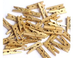 FSW-Products - Kleine Houten Mini Knijpers - 50 Stuks - Kaart Was Knijpertjes - Goud - Foto Knijpers - Polaroid - Geboorte Wasknijpers - Kaartknijper