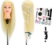 Mandy’s Professionele Oefenhoofd - Haar Oefenpop - 90% Echt Haar - Lengte 65cm - Incl. Tafelklem en Accessoires - Vrouw - Blond